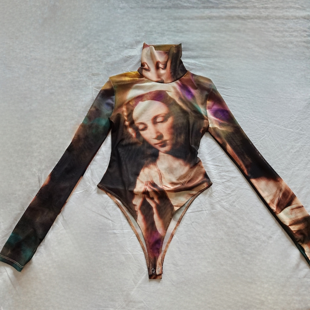 Long Sleeve Renaissance Print Mesh Bodysuit